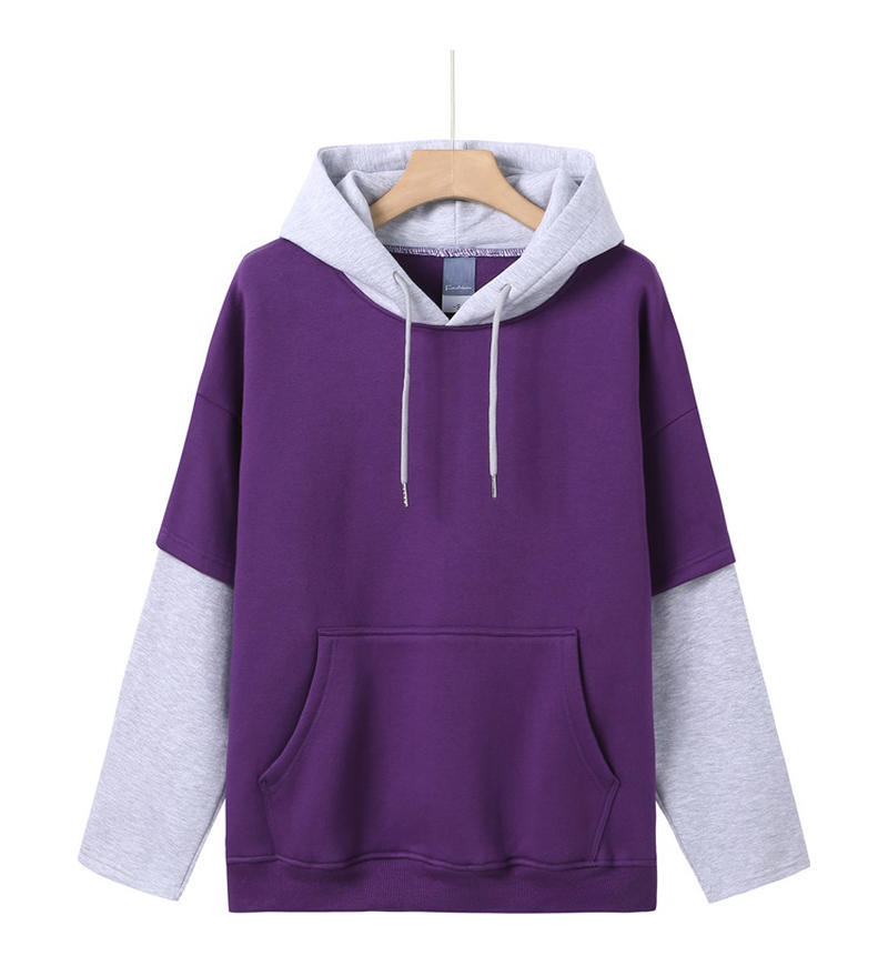 Cotton Colorblock Sleeve Cap Stitching Fake Two-Piece Hooded Sweater, Customizable Logo/Text/Image.