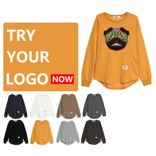 Cotton Jersey Long Sleeve T-Shirt Plus Size Round Neck Long Sleeve T-Shirt, Customizable Logo/Text/Image.