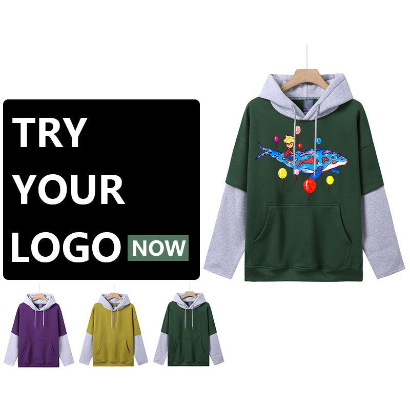 Cotton Colorblock Sleeve Cap Stitching Fake Two-Piece Hooded Sweater, Customizable Logo/Text/Image.