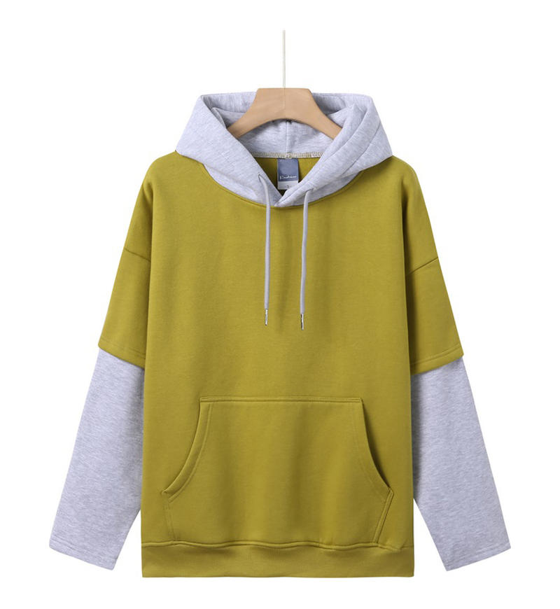 Cotton Colorblock Sleeve Cap Stitching Fake Two-Piece Hooded Sweater, Customizable Logo/Text/Image.