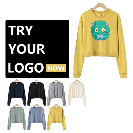 Women's Fashion One Size Cropped Navel Crew Neck Sweatshirt, Customizable Logo/Text/Image.